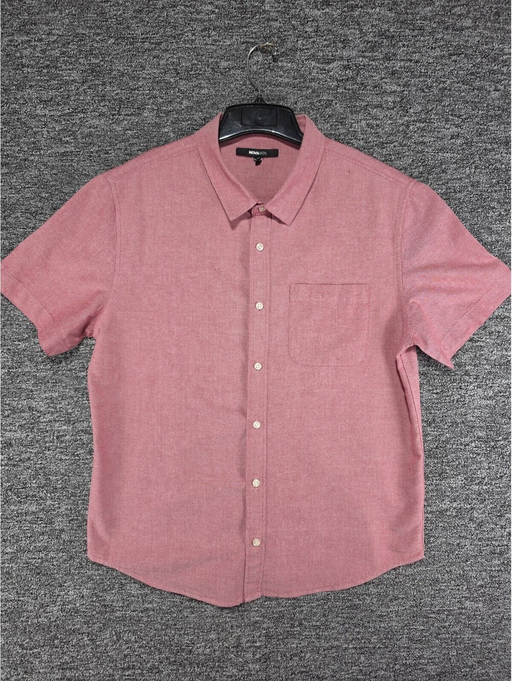 NOVA MEN Men's L Red Solid Cotton Woven SS Point Collar Button-Up Shirt Pockets